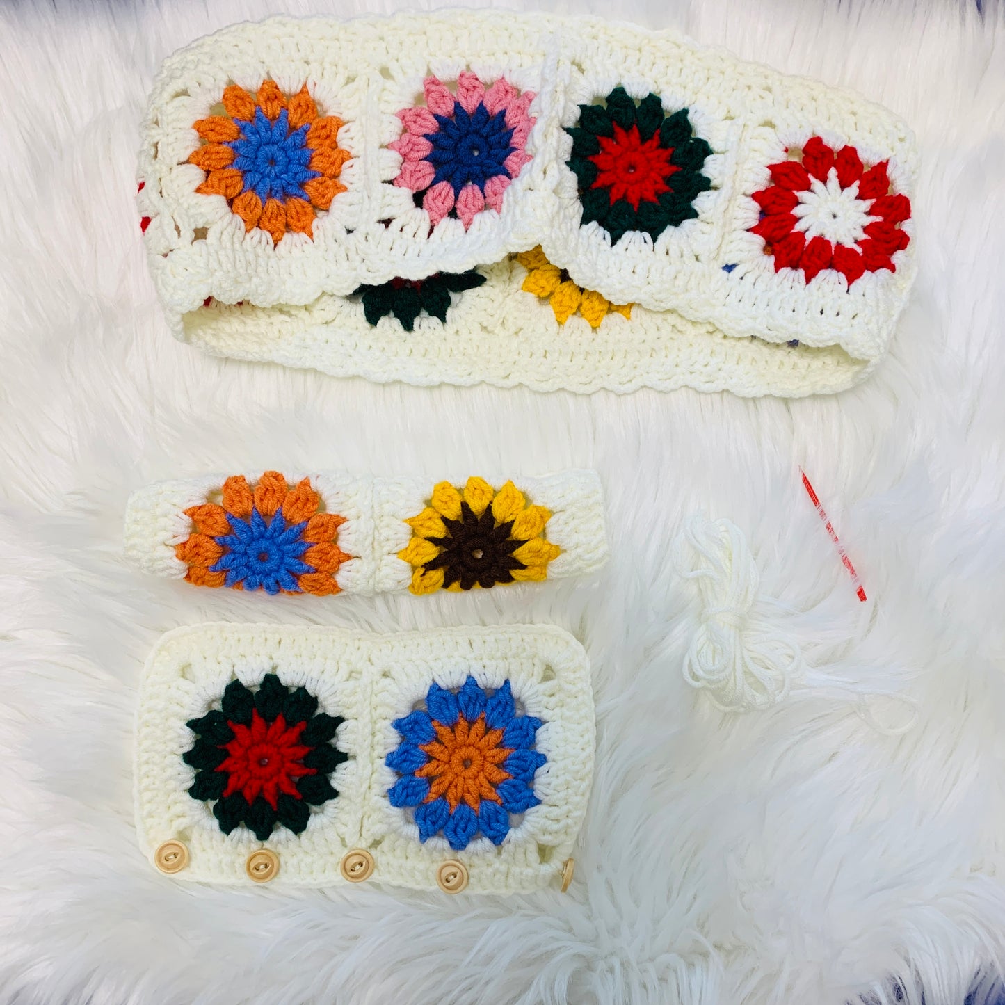 Steering Wheel Cover for women, Handmade Crochet cute daisy flower seat belt Cover, kawaii Car interior Accessories decorations