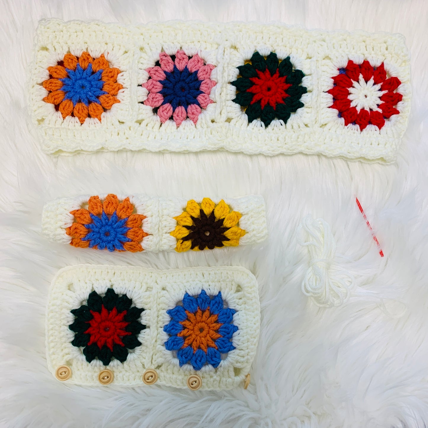 Steering Wheel Cover for women, Handmade Crochet cute daisy flower seat belt Cover, kawaii Car interior Accessories decorations