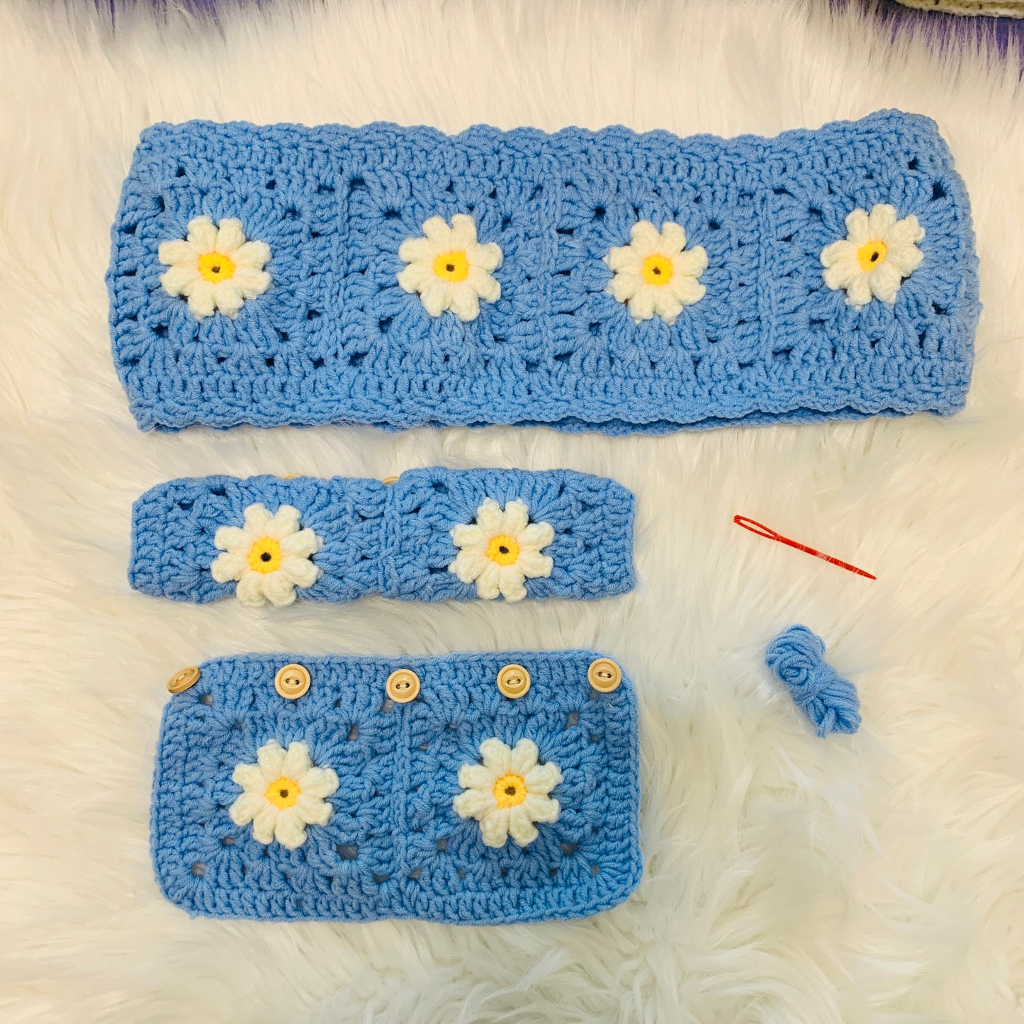 Steering Wheel Cover for women, Crochet cute daisy flower seat belt Cover, Handmade kawaii Car interior Accessories decorations