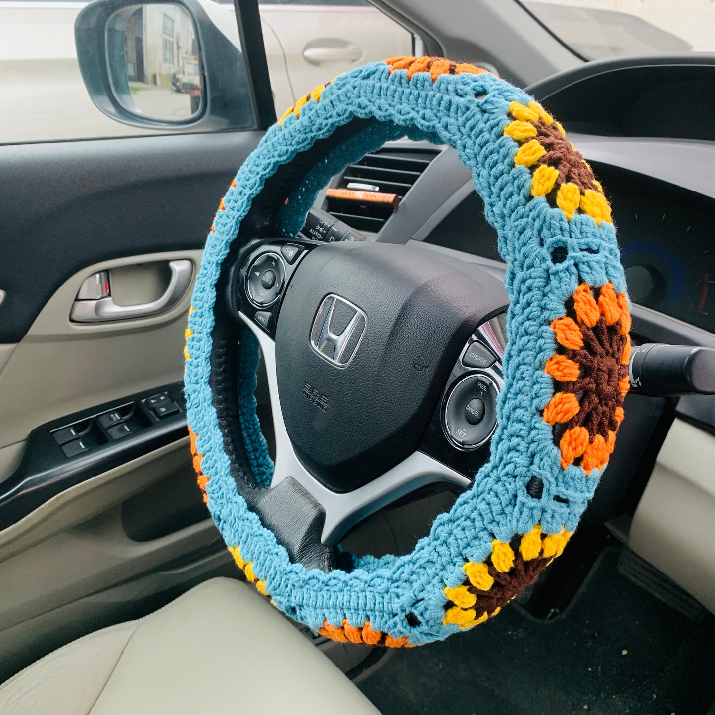 Crochet Sunflower Steering Wheel Cover for women, Crochet seat belt Cover, Car Accessories decorations