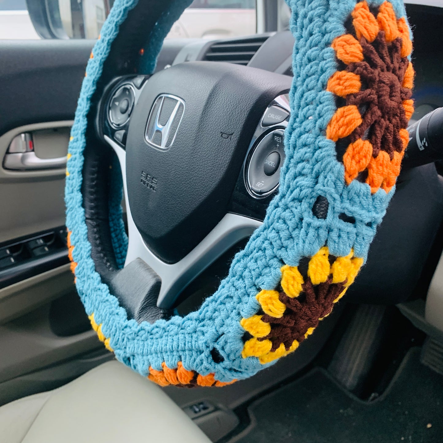 Crochet Sunflower Steering Wheel Cover for women, Crochet seat belt Cover, Car Accessories decorations