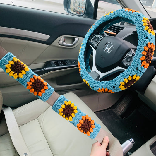 Crochet Sunflower Steering Wheel Cover for women, Crochet seat belt Cover, Car Accessories decorations