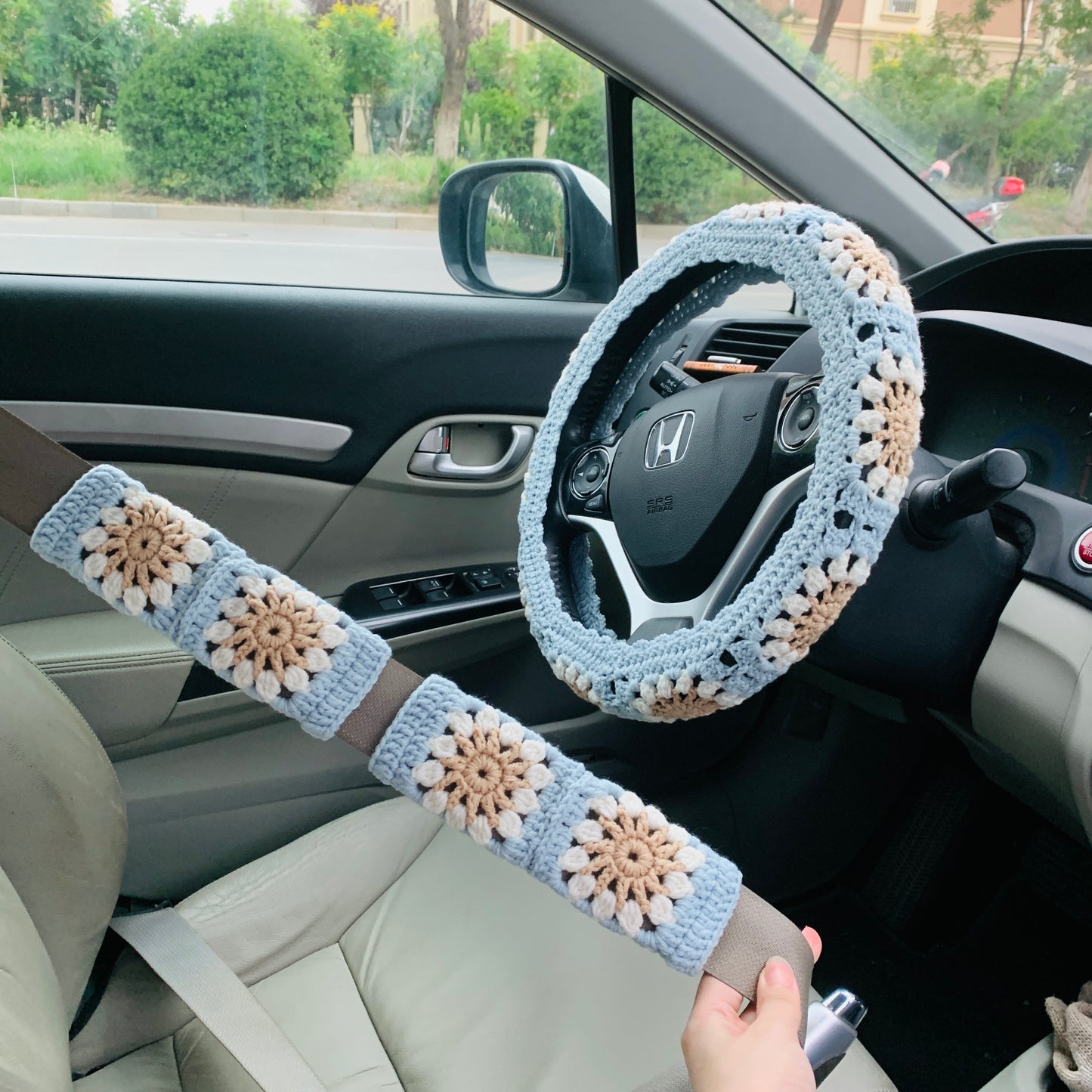 Steering Wheel Cover for women, Crochet Sunflower seat belt Cover, Car Accessories decorations