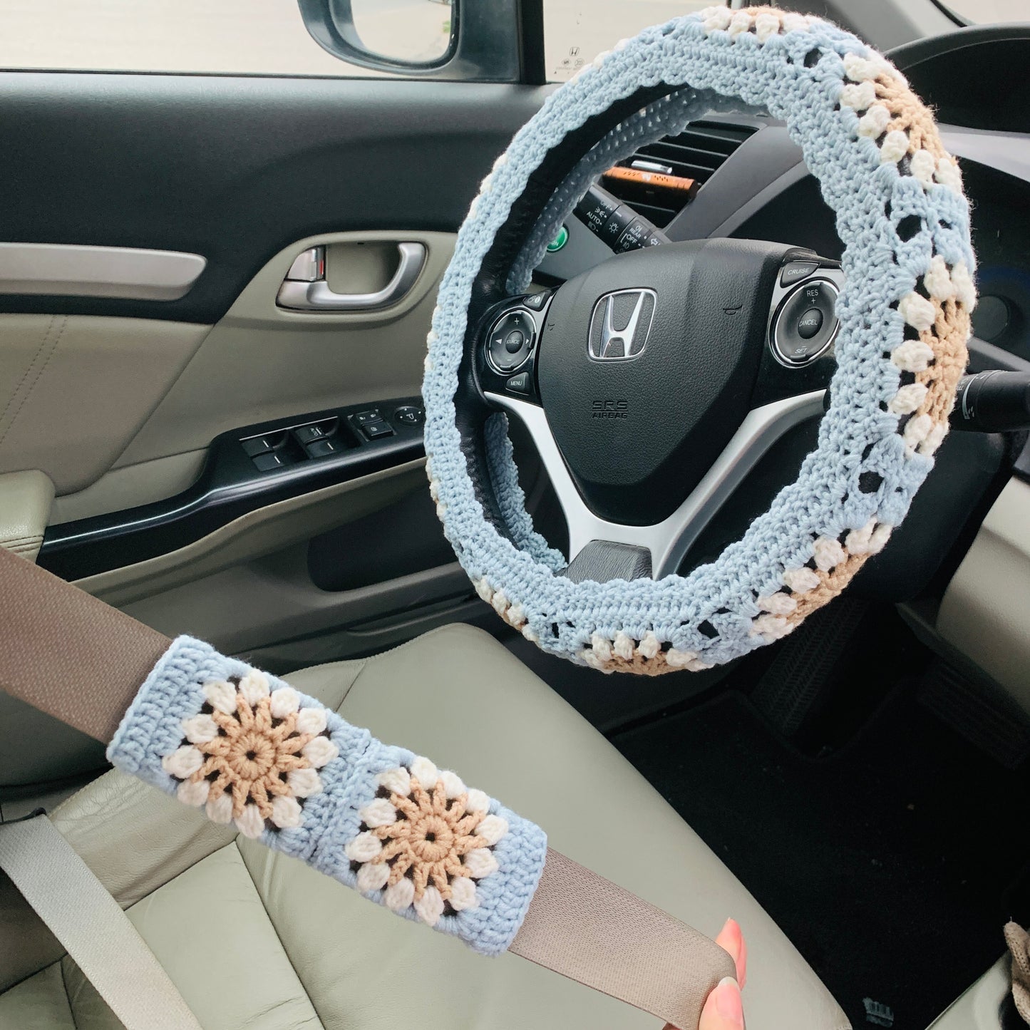 Steering Wheel Cover for women, Crochet Sunflower seat belt Cover, Car Accessories decorations