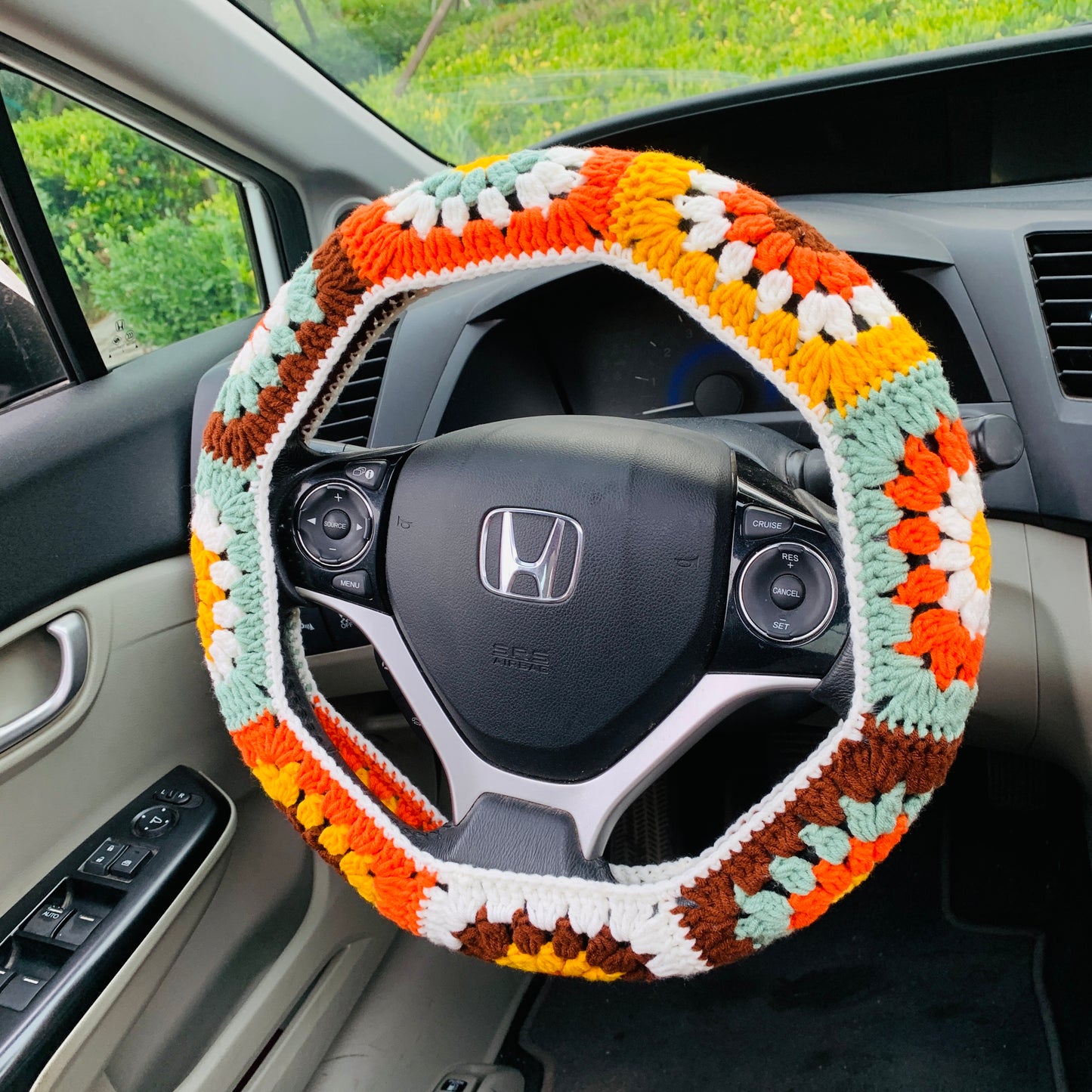 Steering Wheel Cover for women, Crochet cute rainbow flower seat belt Cover, Car Accessories decorations car Interior decor