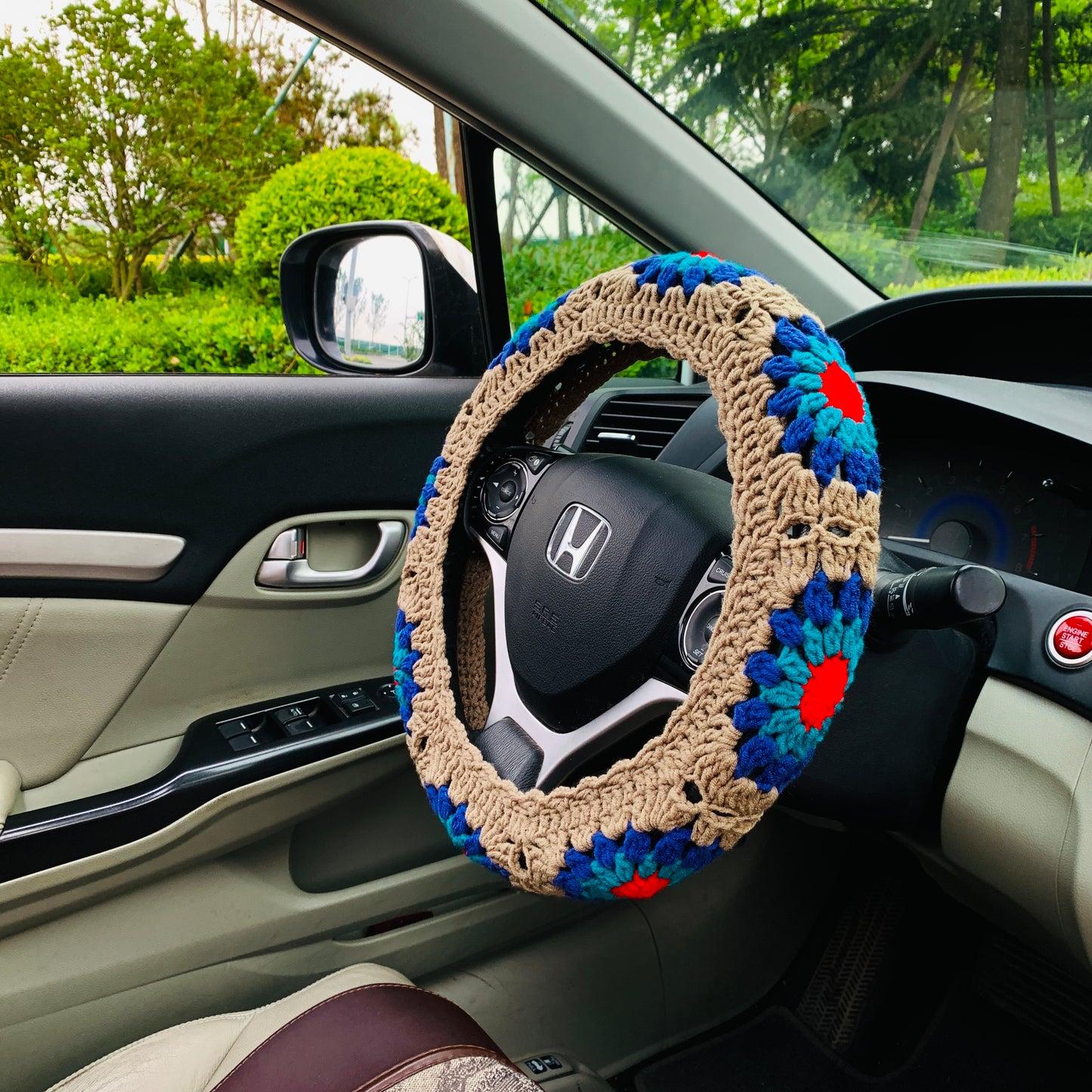 Crochet Steering Wheel Cover for women,  cute rainbow flower seat belt Cover, Car Accessories decorations car Interior decor