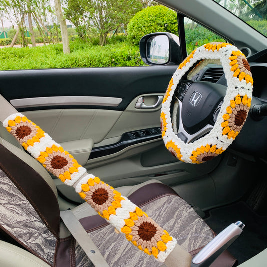 Steering Wheel Cover for women, Crochet White sunflower seat belt Cover, Car Accessories decorations