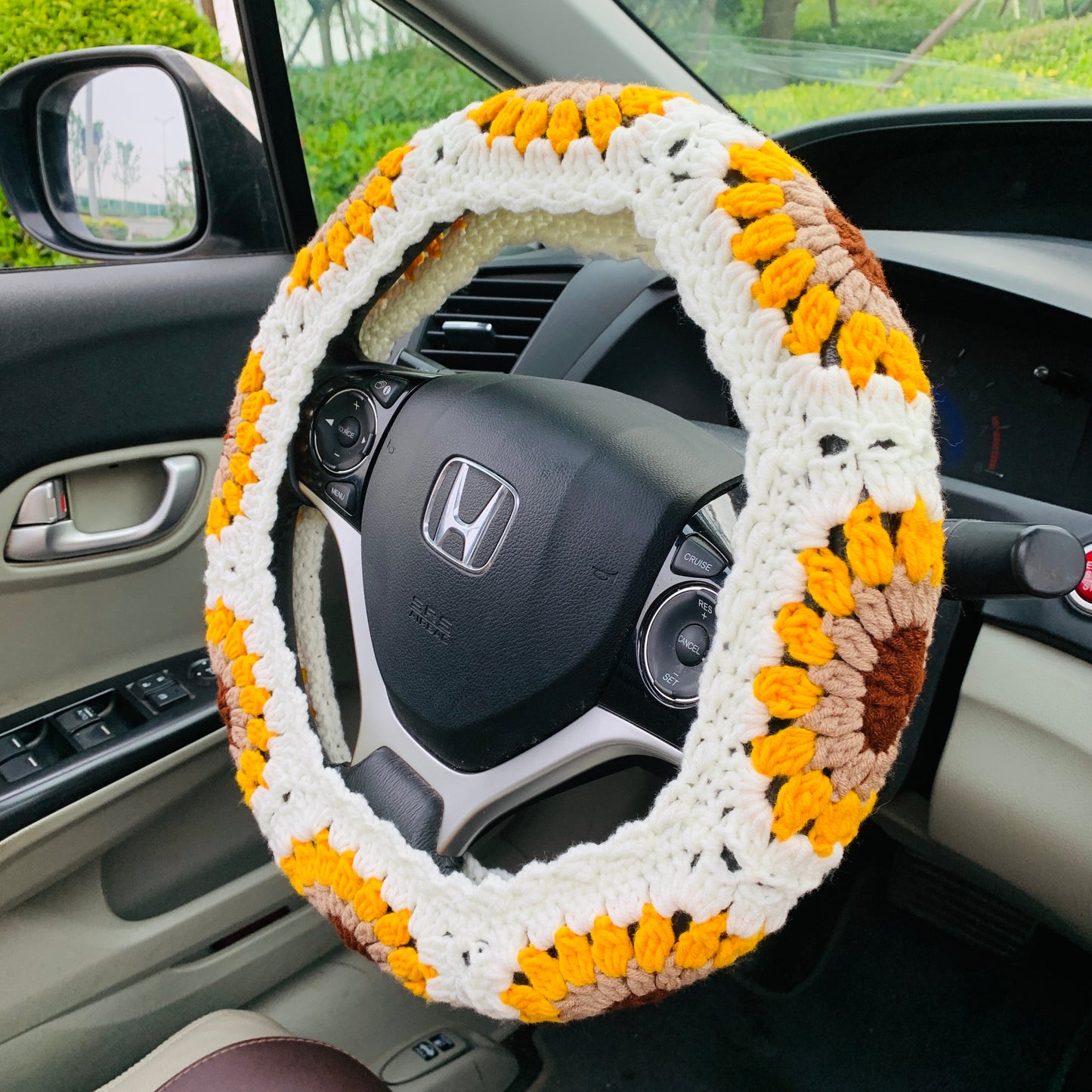 Steering Wheel Cover for women, Crochet White sunflower seat belt Cover, Car Accessories decorations