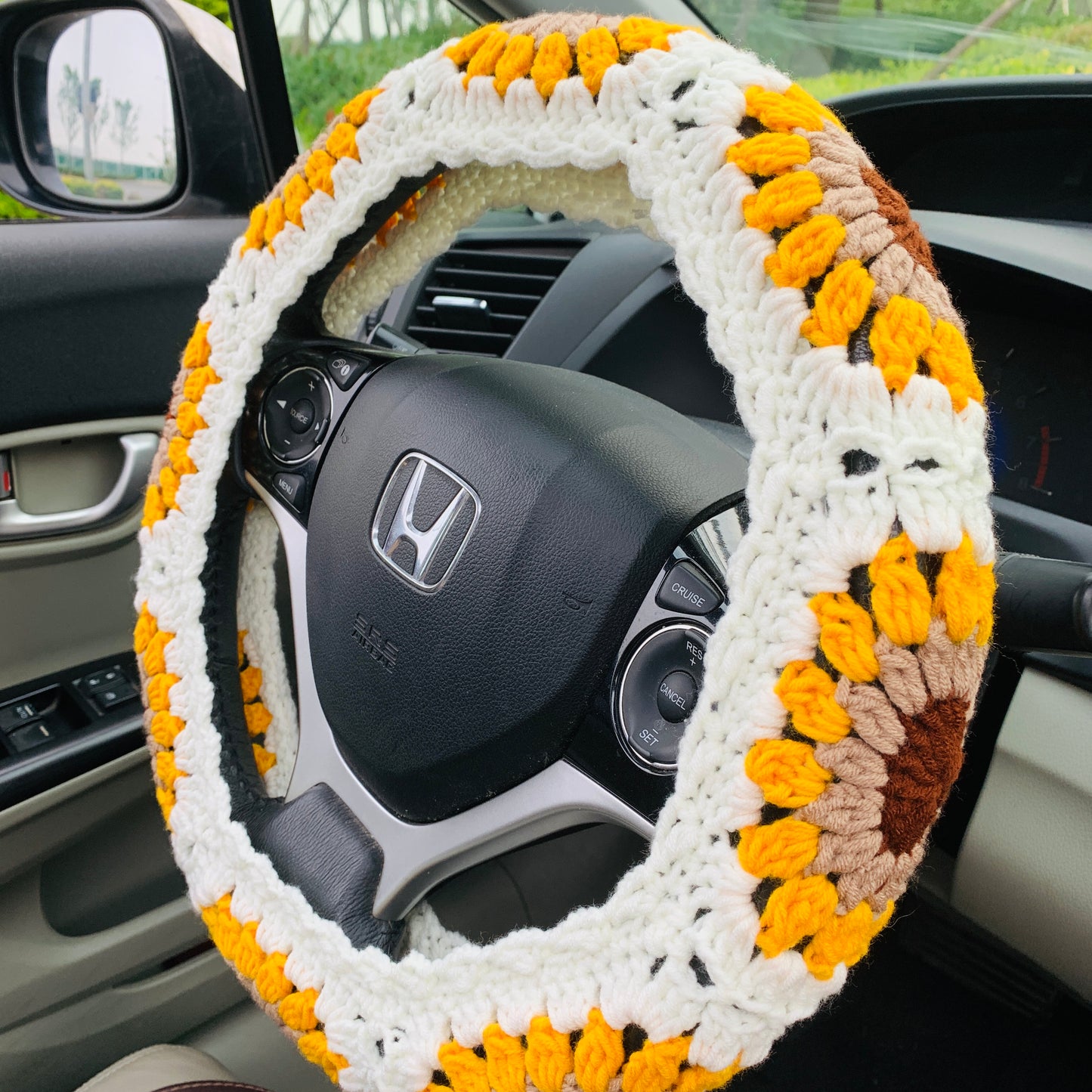 Steering Wheel Cover for women, Crochet White sunflower seat belt Cover, Car Accessories decorations