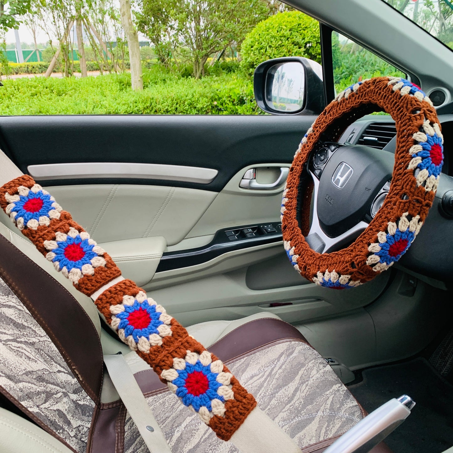 Steering Wheel Cover for women, Crochet Brown flower seat belt Cover, Car Accessories decorations