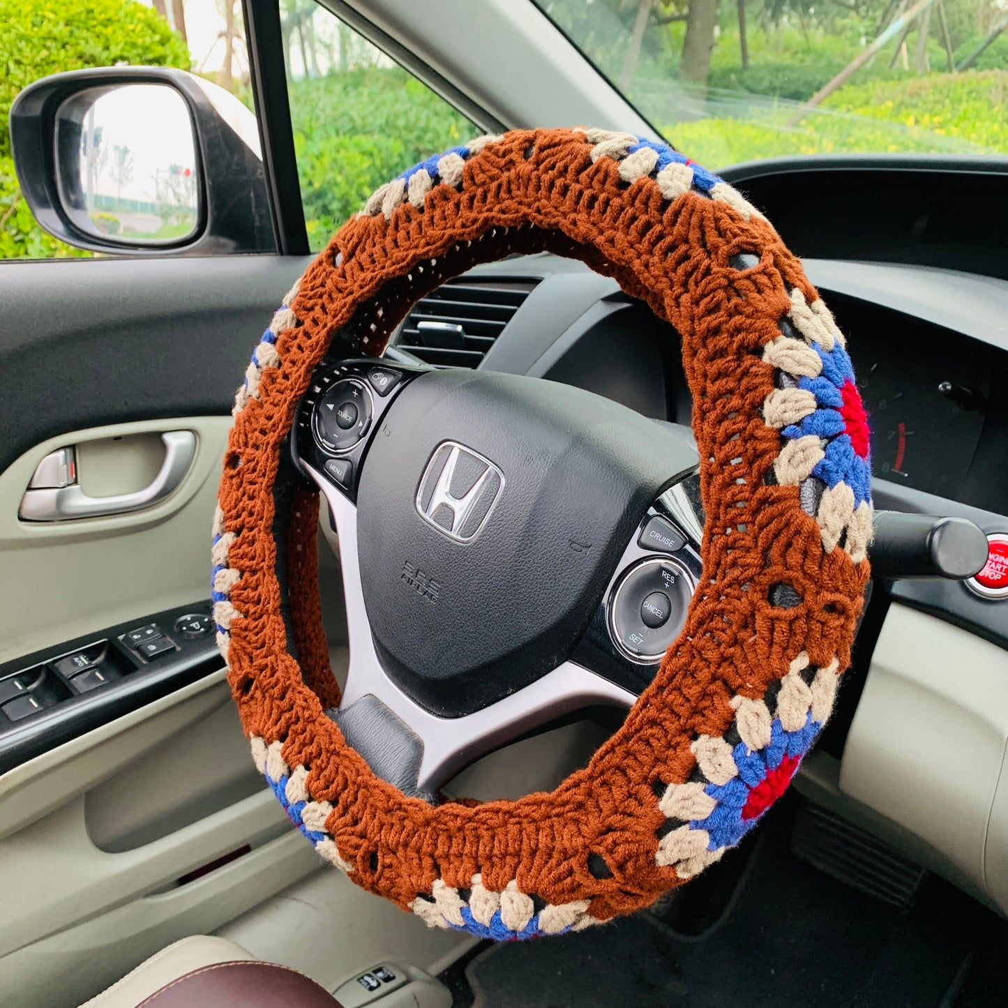 Steering Wheel Cover for women, Crochet Brown flower seat belt Cover, Car Accessories decorations