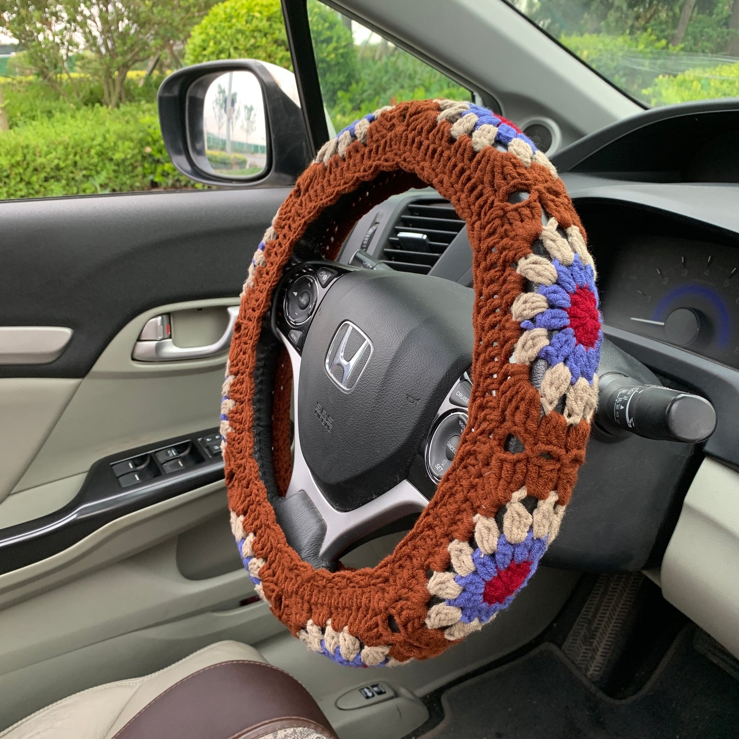 Steering Wheel Cover for women, Crochet Brown flower seat belt Cover, Car Accessories decorations