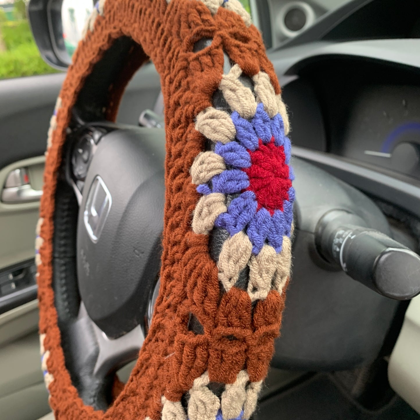 Steering Wheel Cover for women, Crochet Brown flower seat belt Cover, Car Accessories decorations