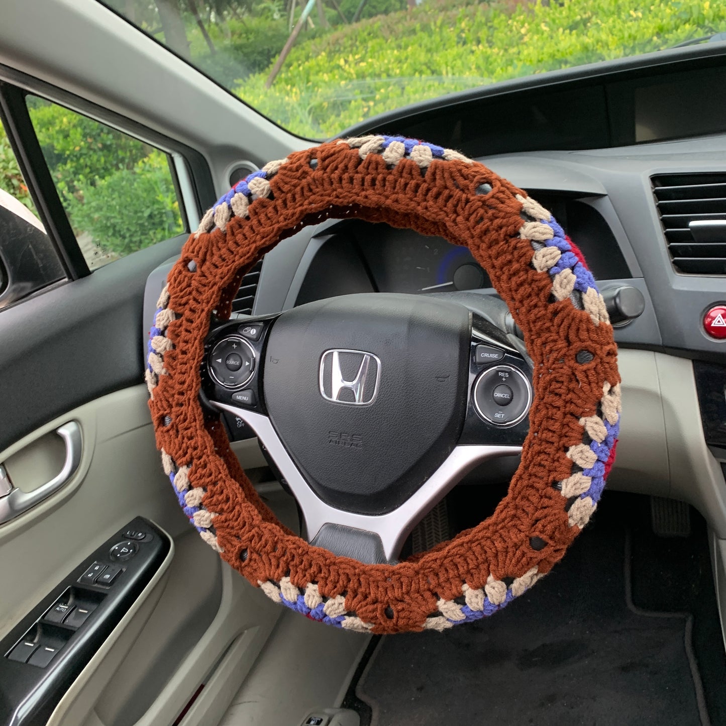 Steering Wheel Cover for women, Crochet Brown flower seat belt Cover, Car Accessories decorations