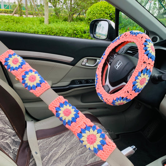 Steering Wheel Cover for women, Crochet cute flower seat belt Cover, Car Accessories decorations car Interior decor