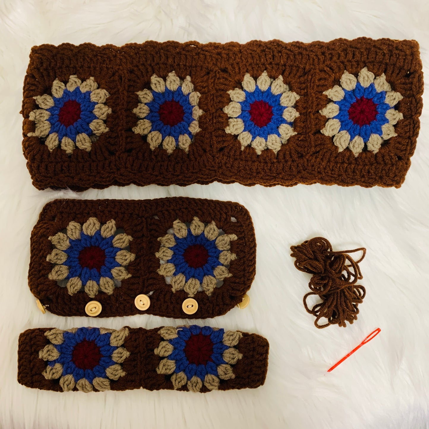 Steering Wheel Cover for women, Crochet Brown flower seat belt Cover, Car Accessories decorations