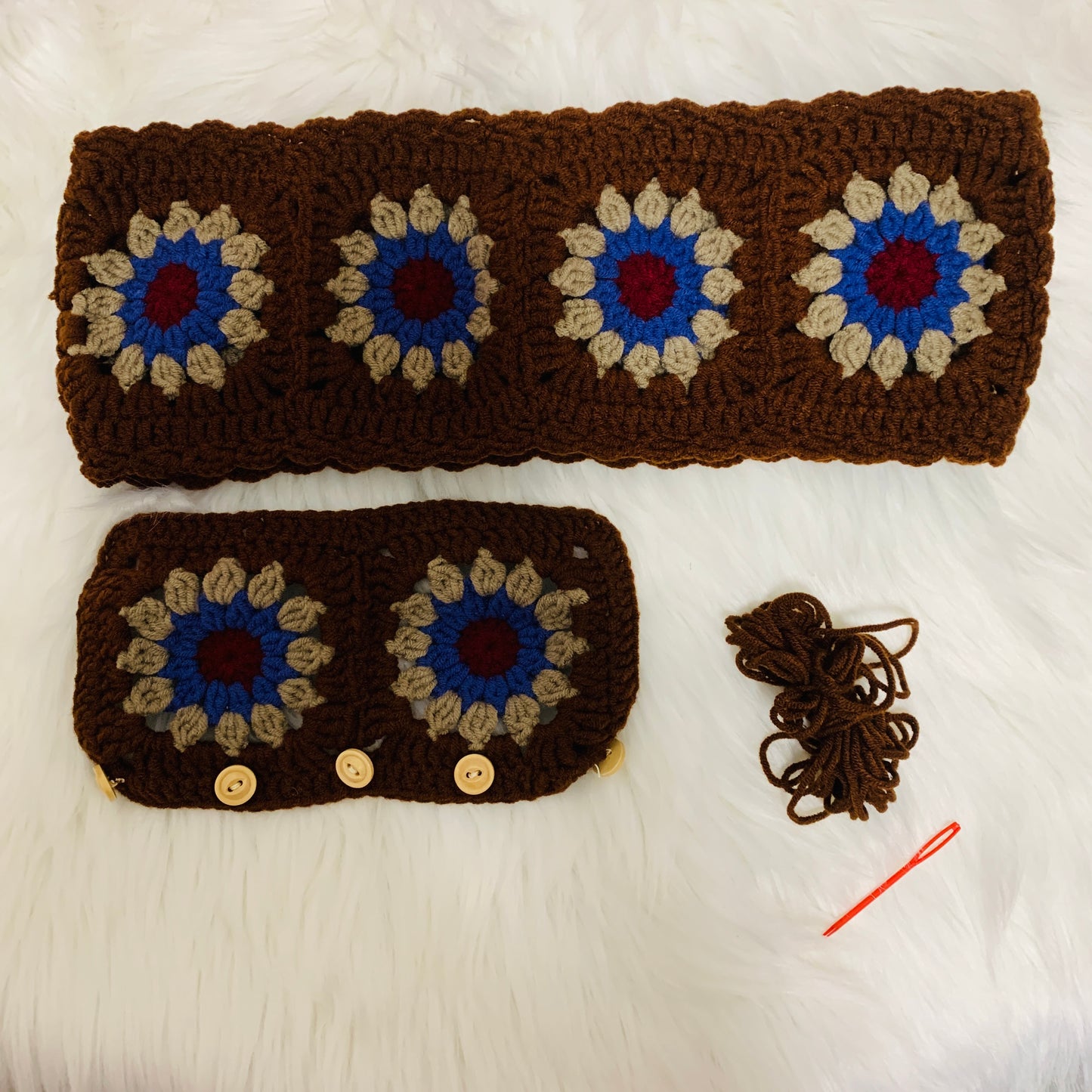 Steering Wheel Cover for women, Crochet Brown flower seat belt Cover, Car Accessories decorations