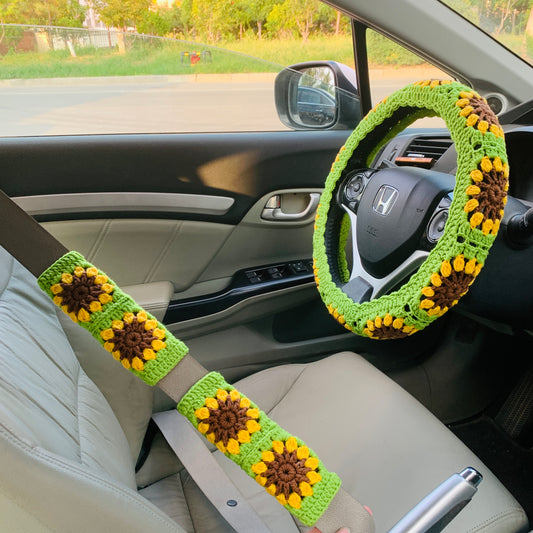 Steering Wheel Cover for women, Crochet Sunflower seat belt Cover, Car Accessories decorations Gift for her