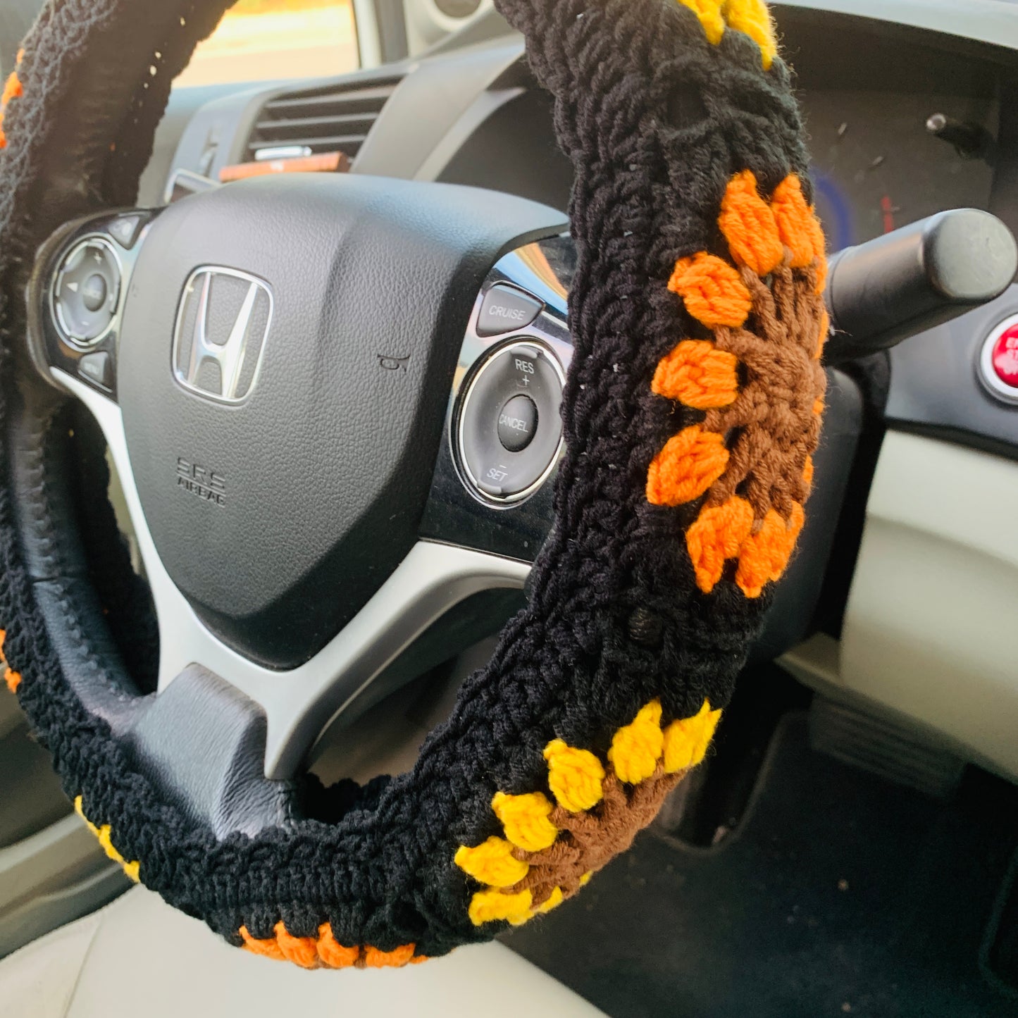 Steering Wheel Cover for women, Crochet Sunflower Black seat belt Cover, Car Accessories decorations Gift for her