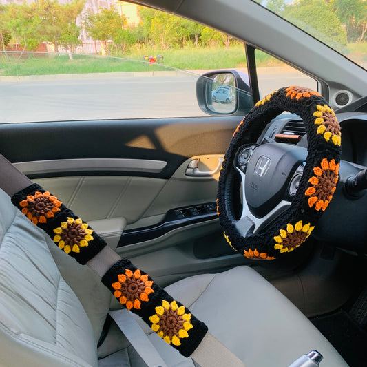 Steering Wheel Cover for women, Crochet Sunflower Black seat belt Cover, Car Accessories decorations Gift for her