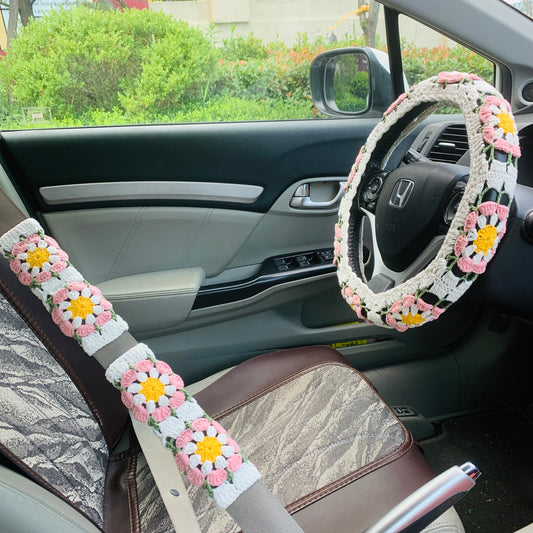 Steering Wheel Cover for women, Crochet cute handmade daisy flower seat belt Cover, Car interior Accessories decorations