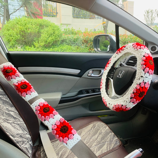 Steering Wheel Cover for women, Crochet White Red flower seat belt Cover, Car Accessories decorations