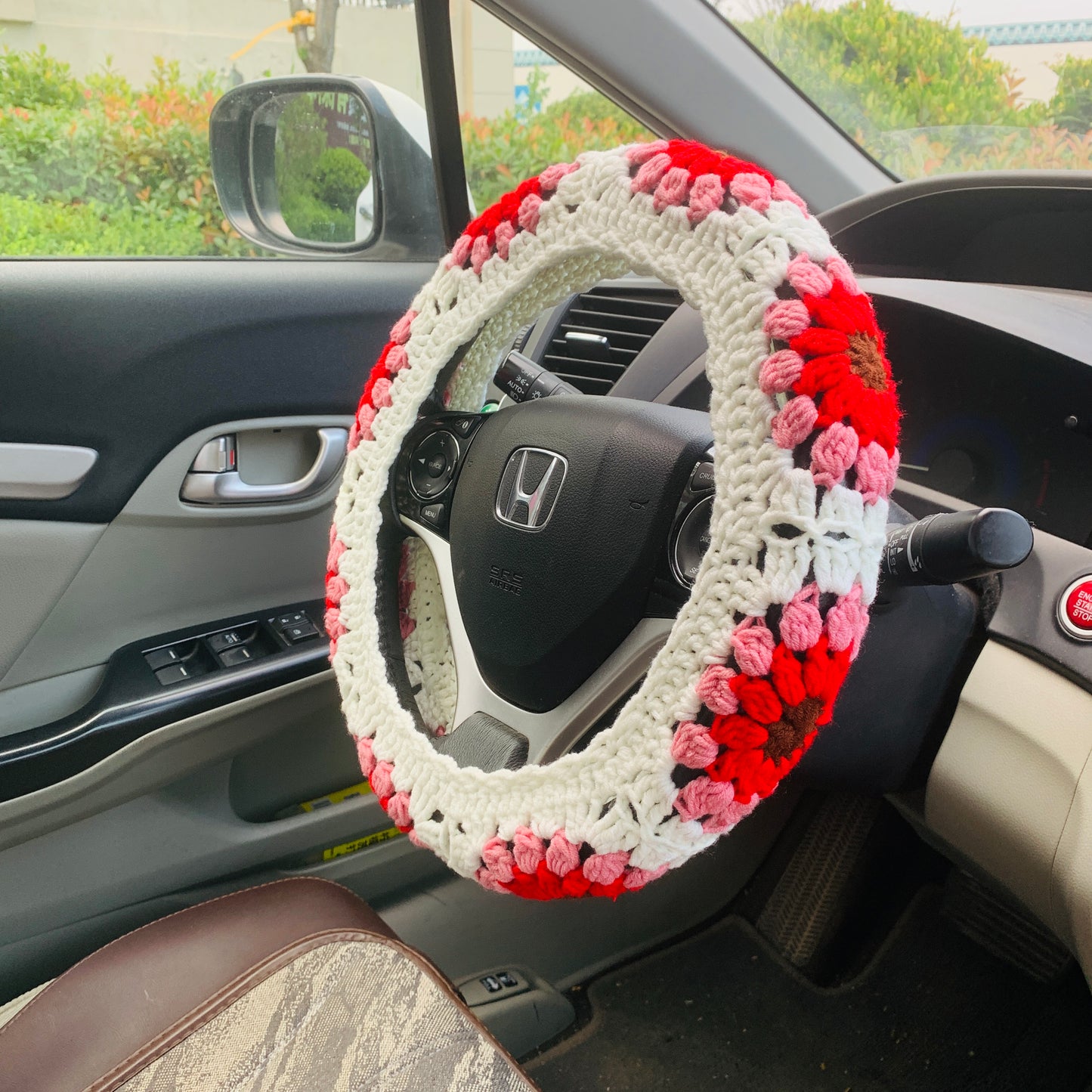 Steering Wheel Cover for women, Crochet White Red flower seat belt Cover, Car Accessories decorations