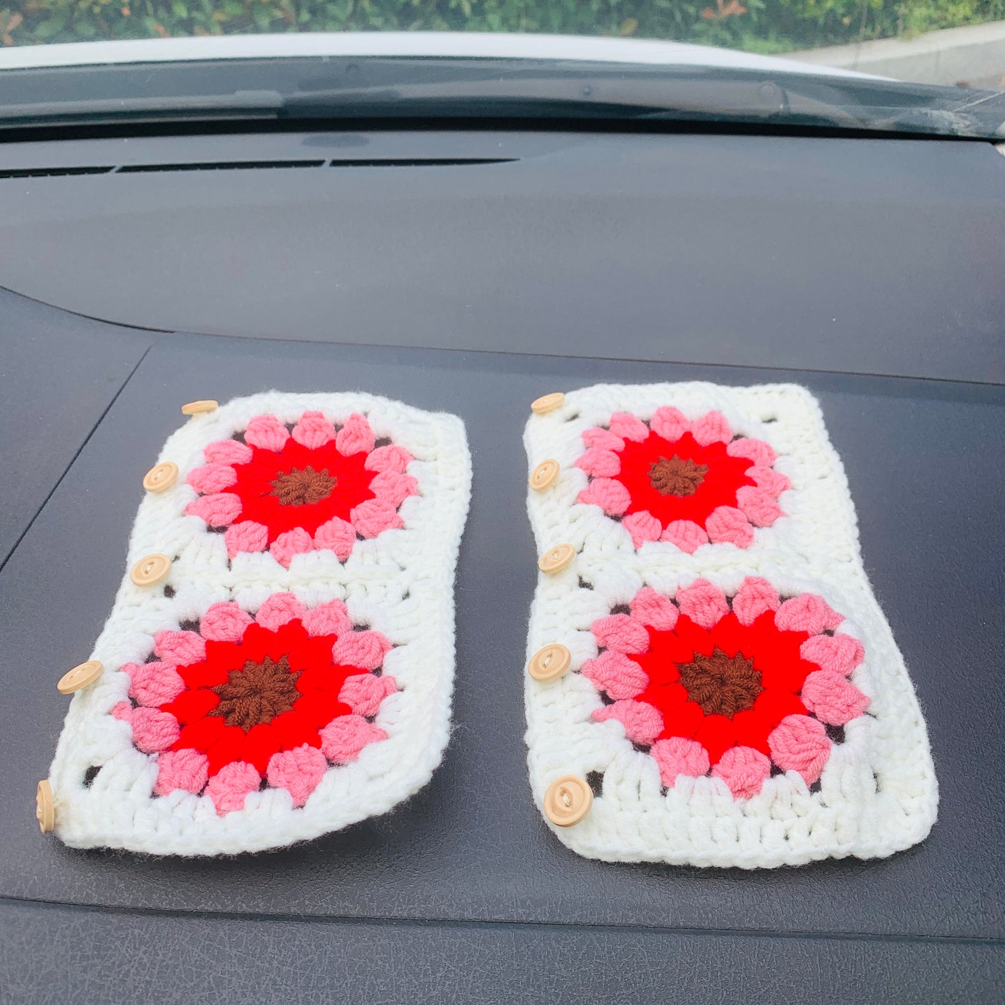 Steering Wheel Cover for women, Crochet White Red flower seat belt Cover, Car Accessories decorations