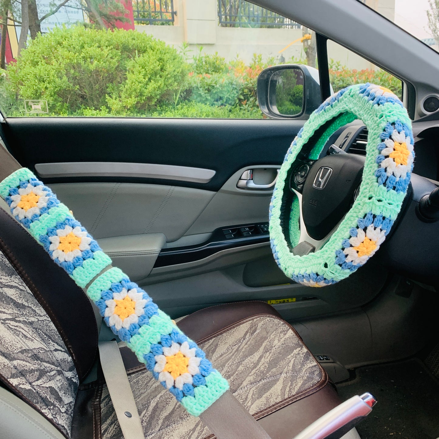 Crochet Steering Wheel Cover for women, handmade flower seat belt Cover, Car interior Accessories decorations