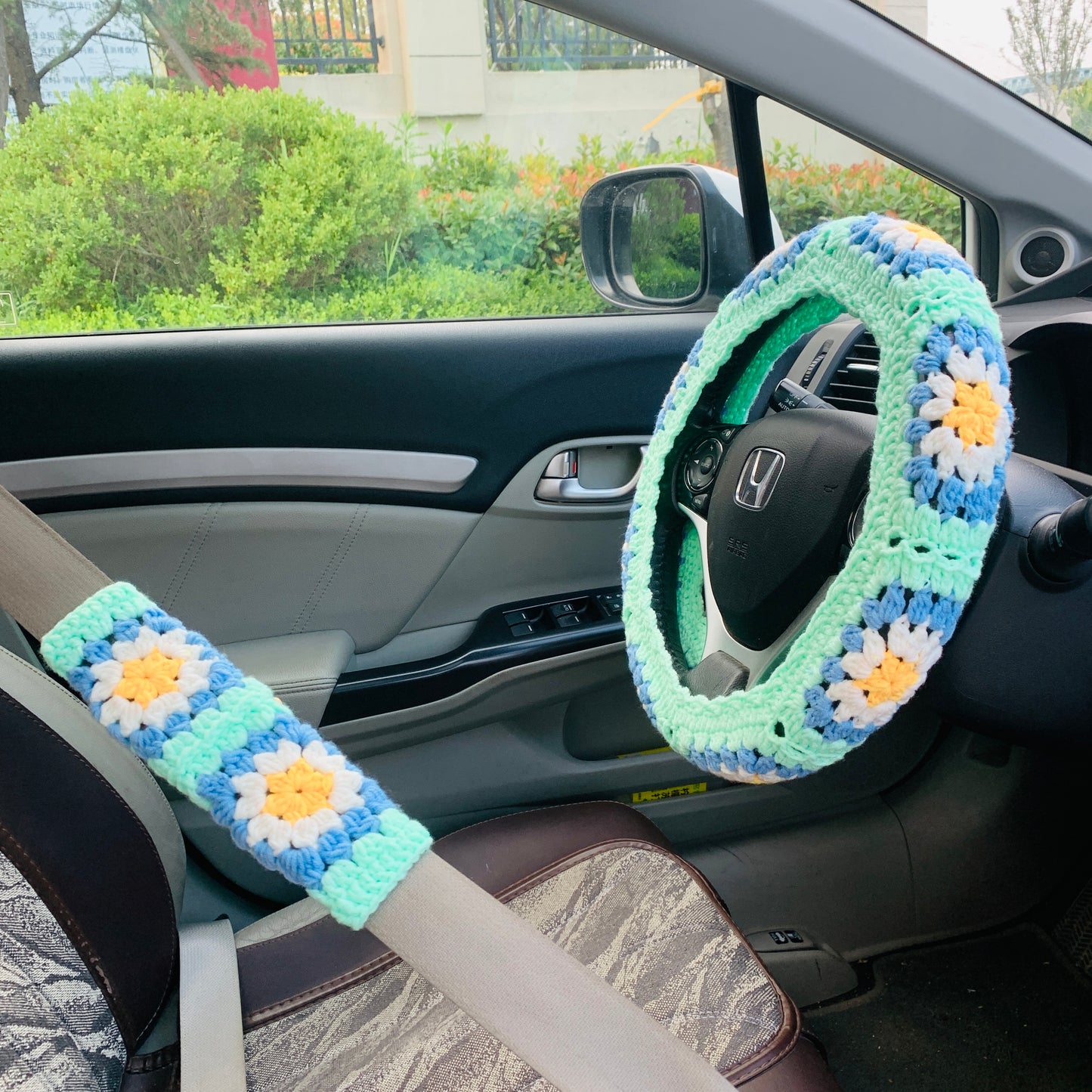 Crochet Steering Wheel Cover for women, handmade flower seat belt Cover, Car interior Accessories decorations