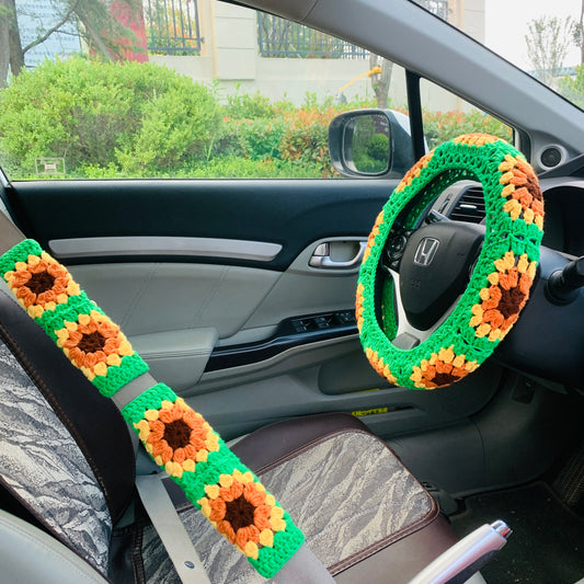 Handmade crochet Steering Wheel Cover for women, cute daisy flower seat belt Cover, Car interior Accessories decorations car gift