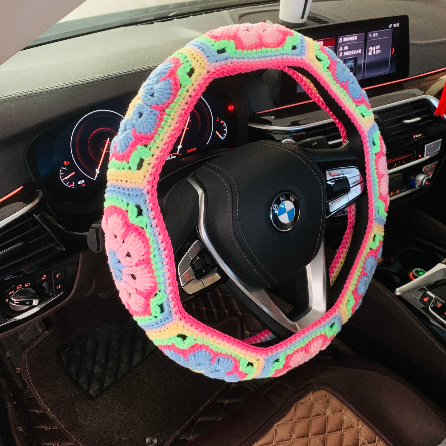 Steering Wheel Cover for women, Crochet cute Galsang flower seat belt Cover, Car Accessories decorations