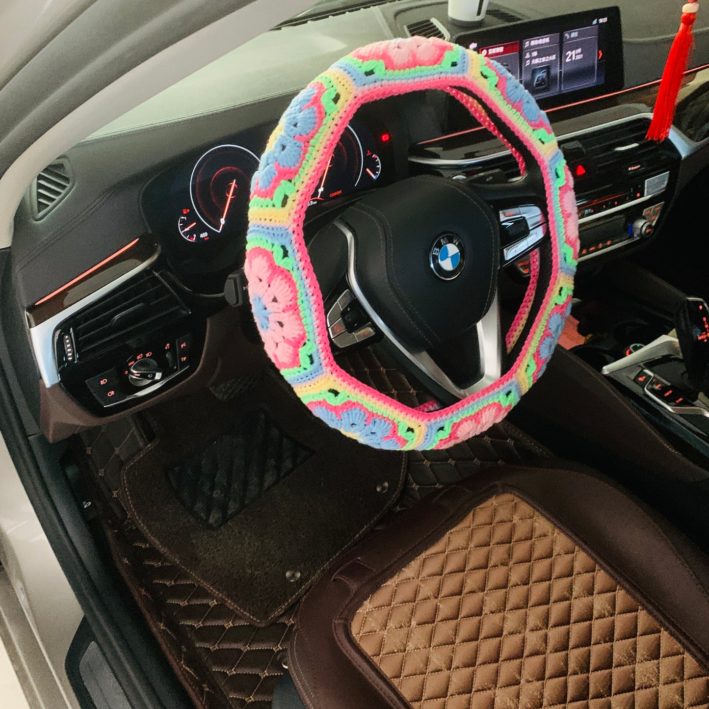 Steering Wheel Cover for women, Crochet cute Galsang flower seat belt Cover, Car Accessories decorations