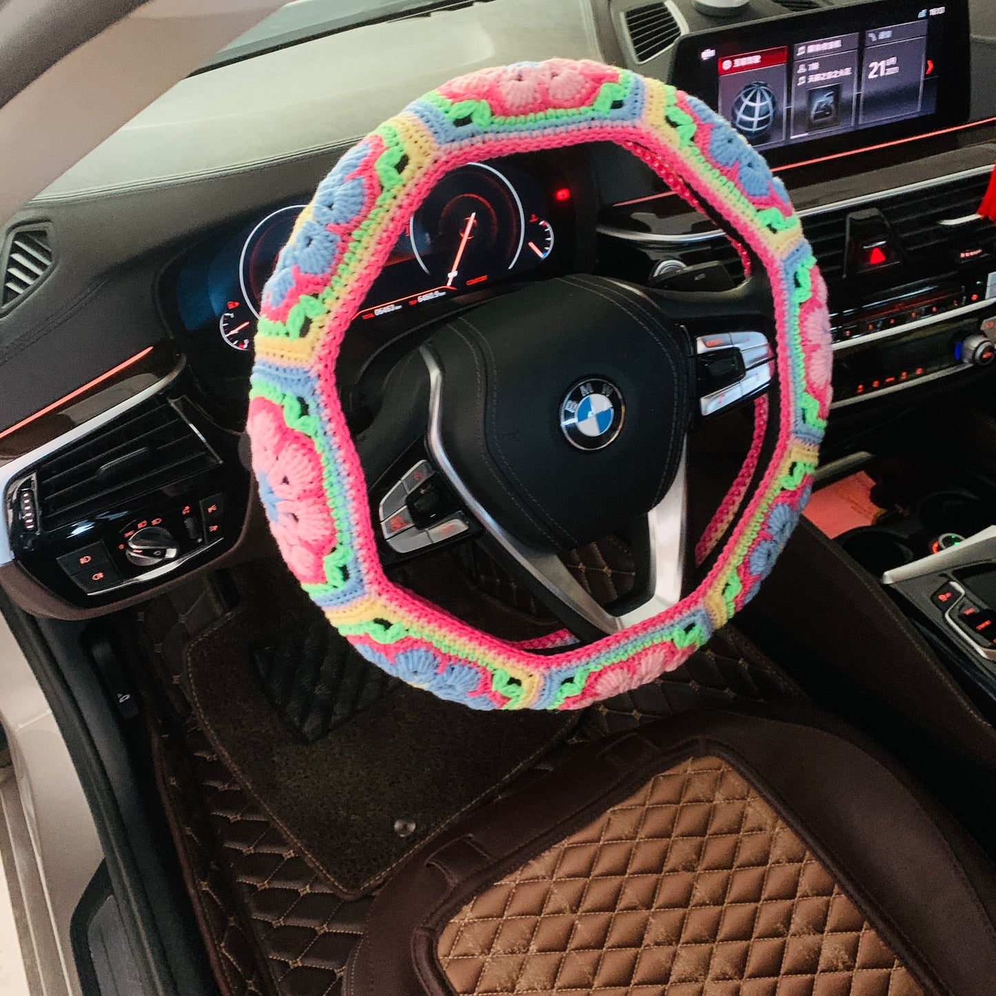 Steering Wheel Cover for women, Crochet cute Galsang flower seat belt Cover, Car Accessories decorations