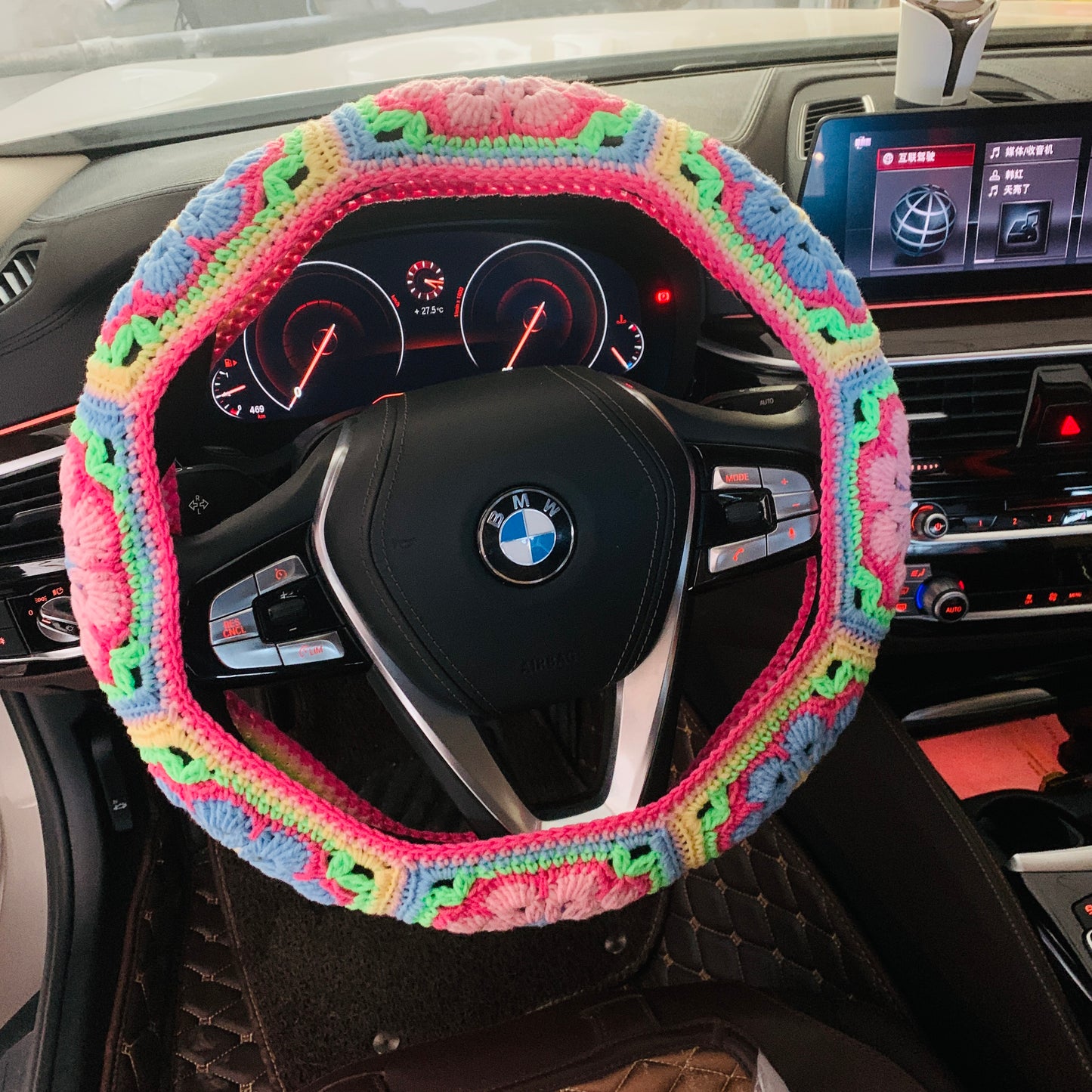 Steering Wheel Cover for women, Crochet cute Galsang flower seat belt Cover, Car Accessories decorations