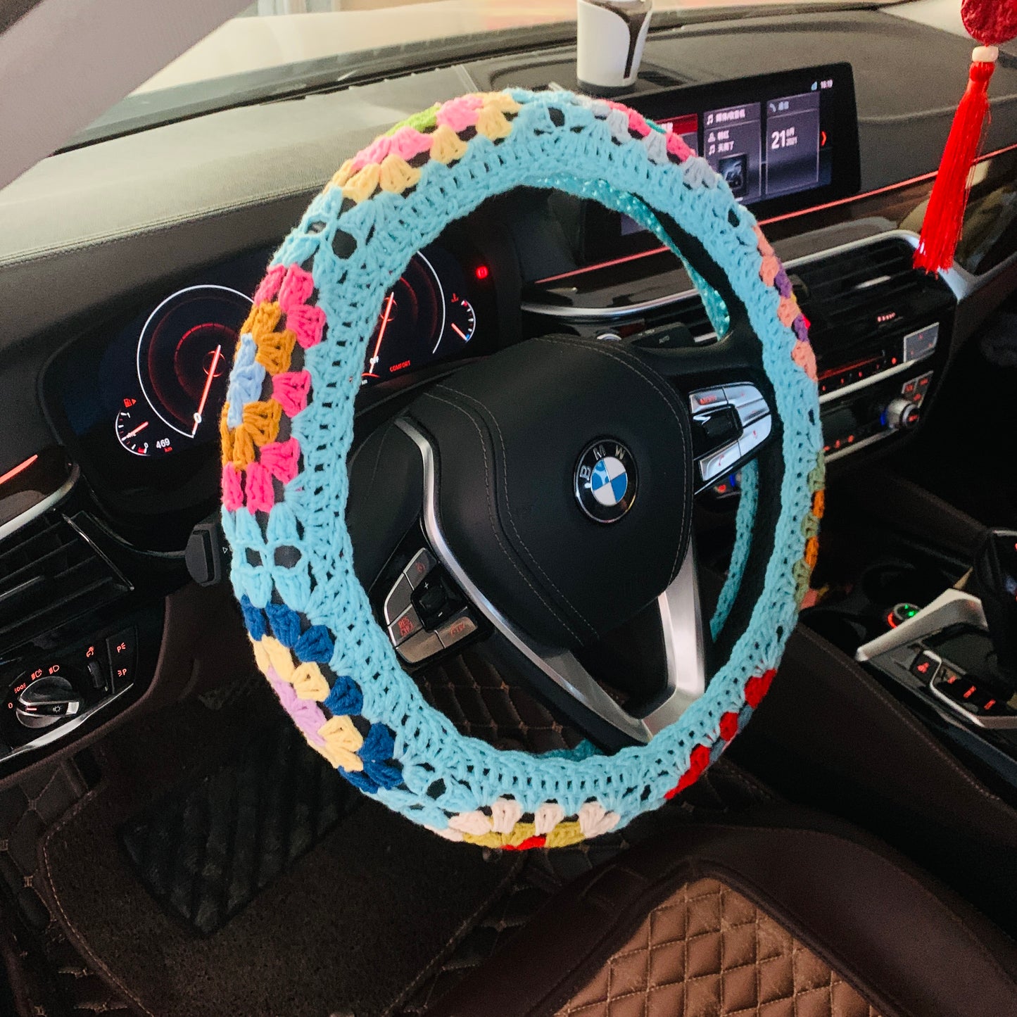 Steering Wheel Cover for women, Crochet rainbow flower seat belt Cover, Car Accessories decorations Gift for her