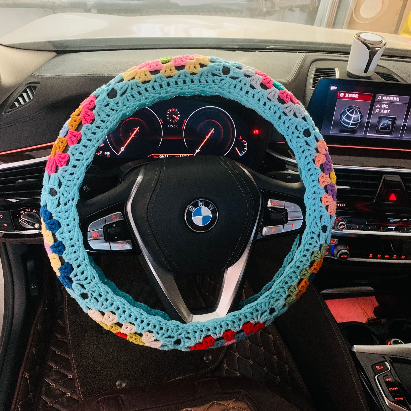 Steering Wheel Cover for women, Crochet rainbow flower seat belt Cover, Car Accessories decorations Gift for her