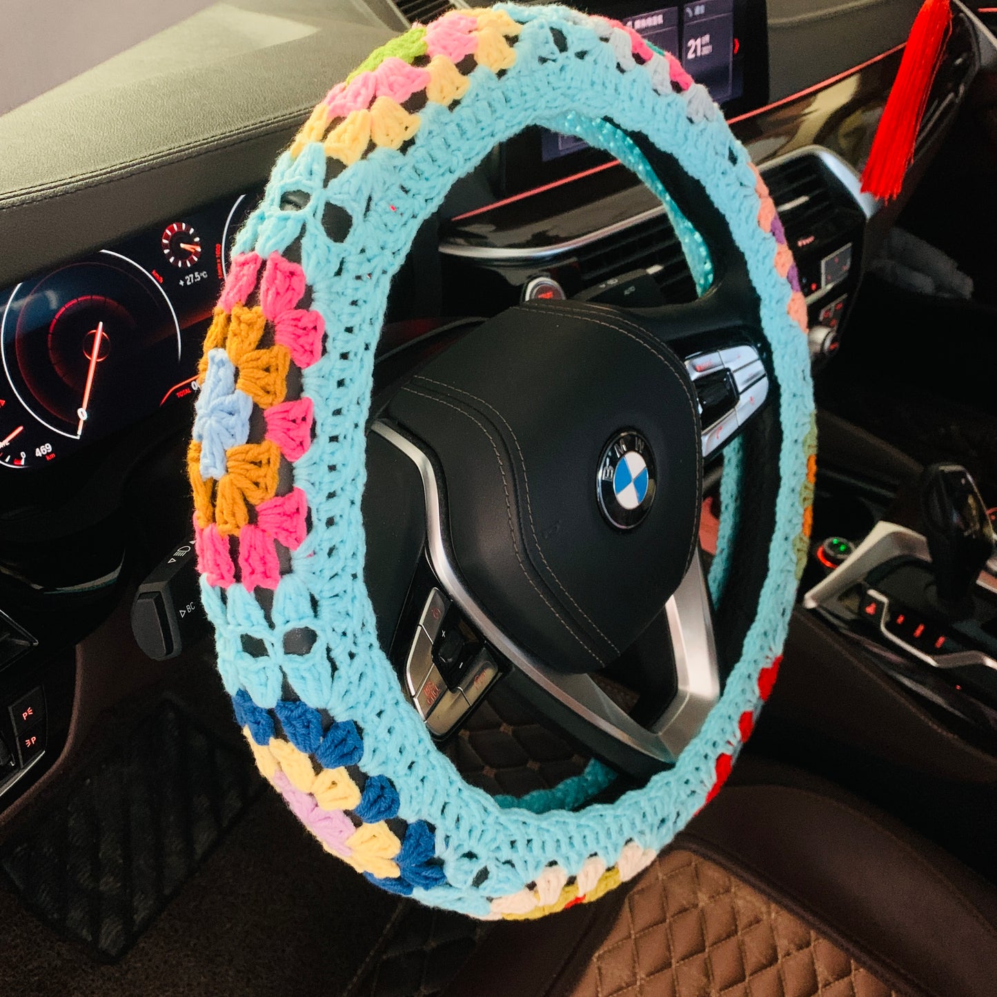 Steering Wheel Cover for women, Crochet rainbow flower seat belt Cover, Car Accessories decorations Gift for her