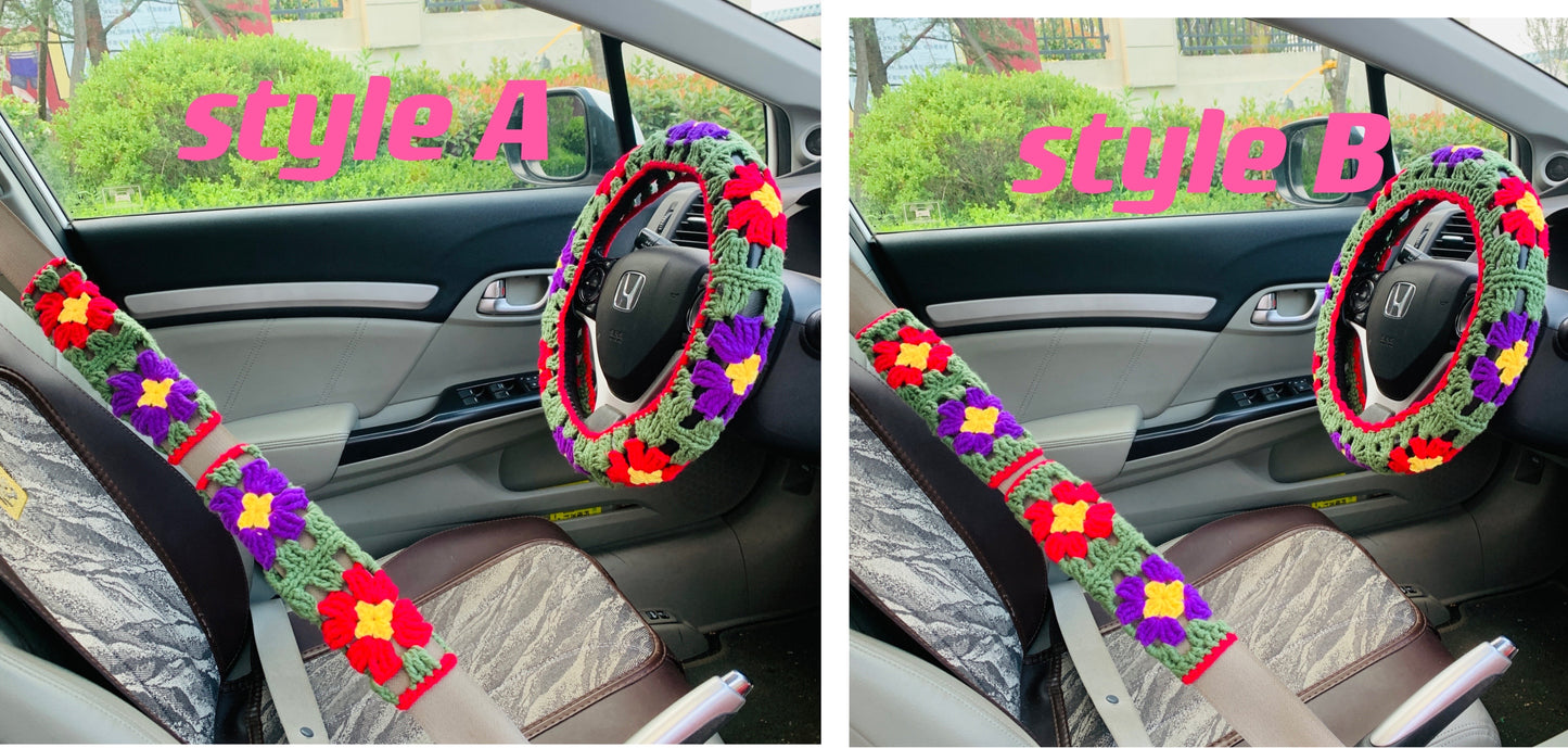 Handmade Steering Wheel Cover for women, cute daisy flower crochet seat belt Cover, Car interior Accessories decorations