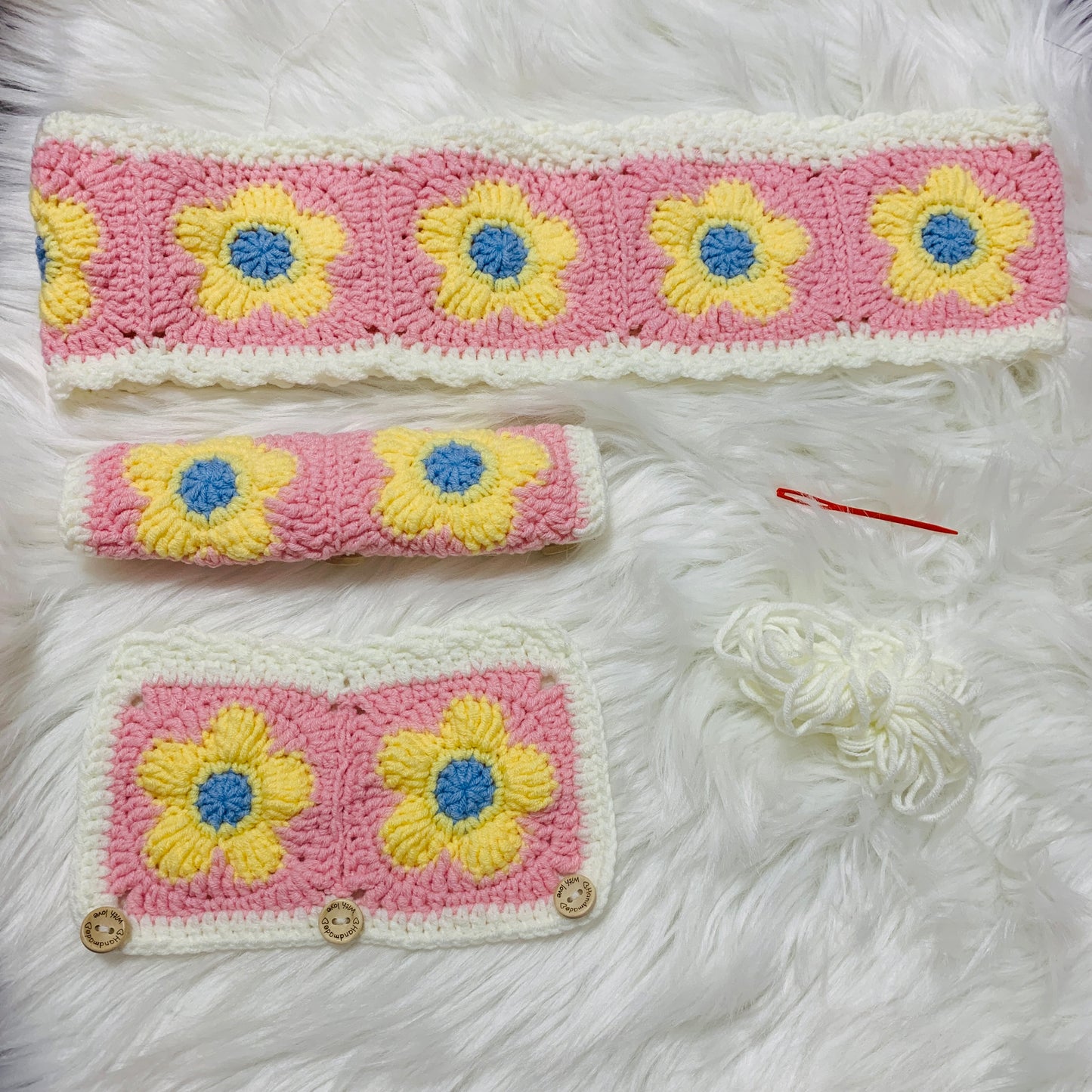 Steering Wheel Cover for women, Crochet cute flower seat belt Cover, handmade Car interior Accessories decorations