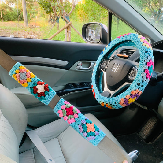 Steering Wheel Cover for women, Crochet rainbow flower seat belt Cover, Car Accessories decorations Gift for her