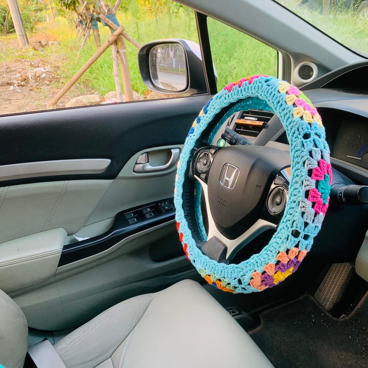 Steering Wheel Cover for women, Crochet rainbow flower seat belt Cover, Car Accessories decorations Gift for her