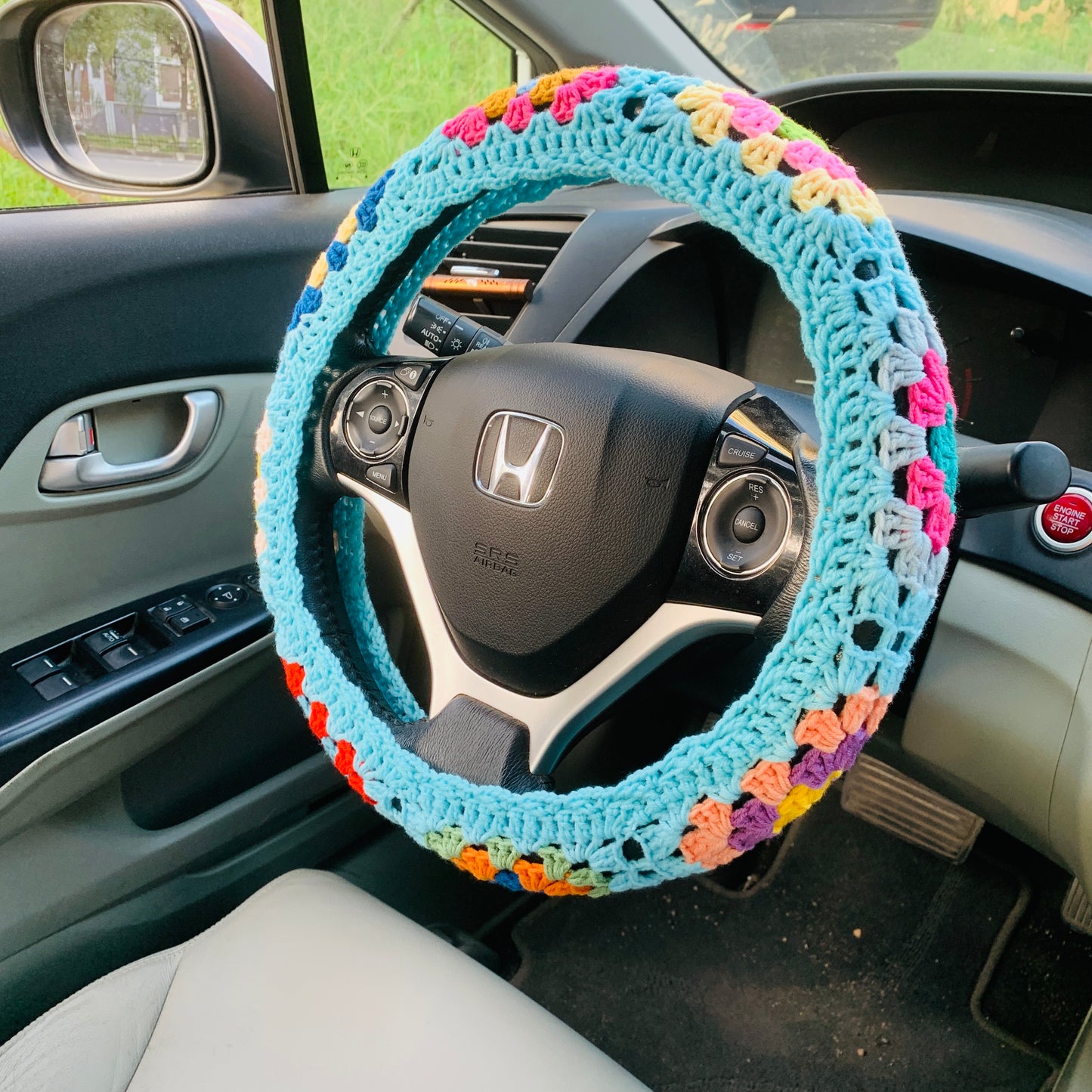 Steering Wheel Cover for women, Crochet rainbow flower seat belt Cover, Car Accessories decorations Gift for her