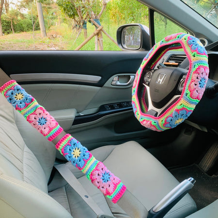 YDMCrochet Sunflower Crochet,Galsang Flower Steering Wheel Cover for Women Girl (Steering Wheel Cover+2 Seatbelt Covers)