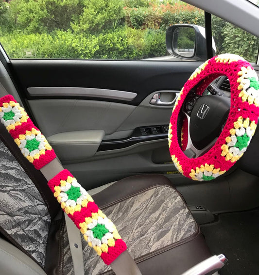 Crochet Steering Wheel Cover for women, handmade flower seat belt Cover, Car interior Accessories decorations