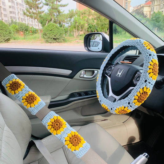 Steering Wheel Cover for women, Crochet Sunflower seat belt Cover, Car Accessories decorations statement car decor