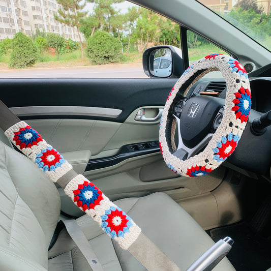 Steering Wheel Cover for women, Crochet Beige flower seat belt Cover, Car Accessories decorations