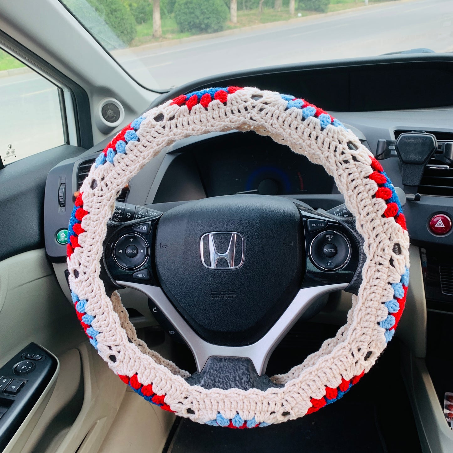 Steering Wheel Cover for women, Crochet Beige flower seat belt Cover, Car Accessories decorations