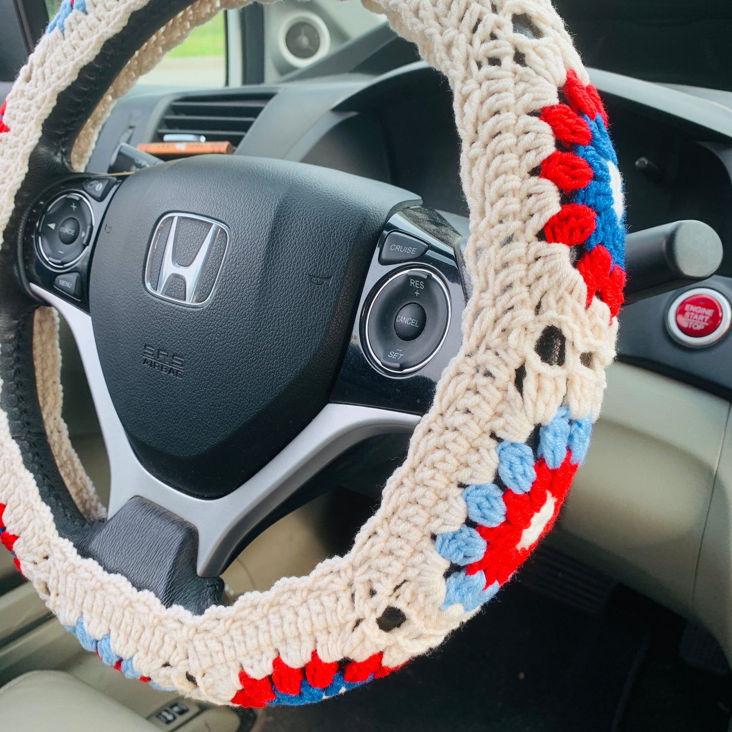 Steering Wheel Cover for women, Crochet Beige flower seat belt Cover, Car Accessories decorations