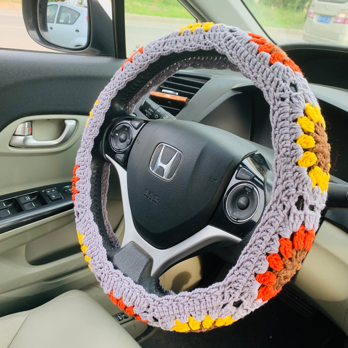 Steering Wheel Cover for women, Crochet Grey flower seat belt Cover, Car Accessories decorations